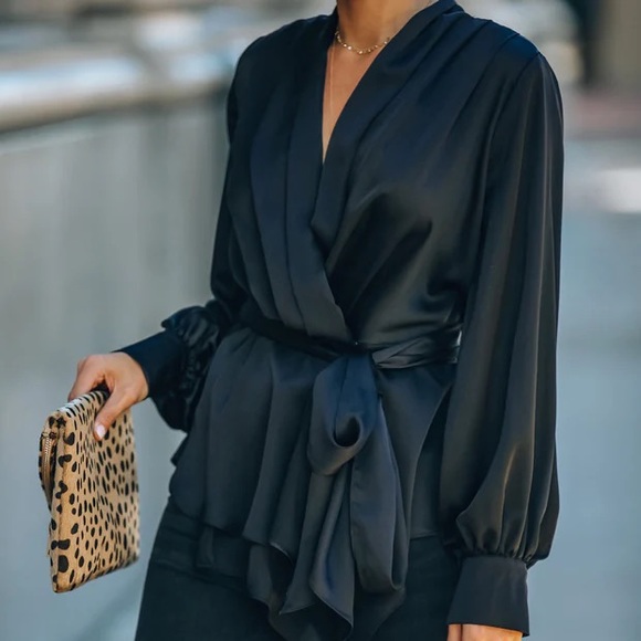 New S black Vici Motivation Satin Drape Wrap Blouse nwt - Picture 3 of 7